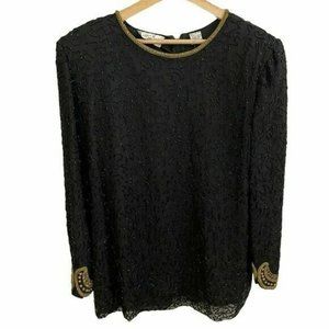 Vintage Laurence Kazar Heavy Silk Beaded Formal Evening Blouse Black L India